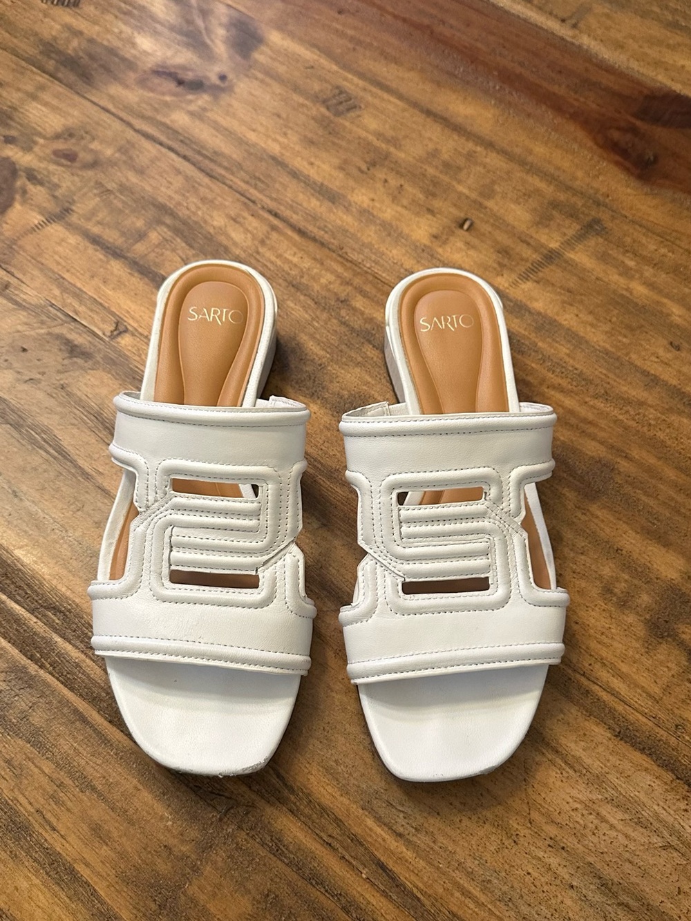 Franco Sarto White Cutout Slide Mules with Tan Insole
